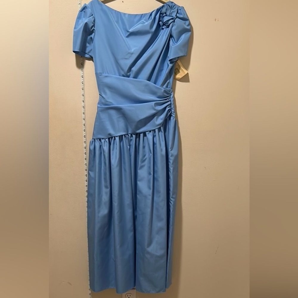 Vintage‎ Blue Satin Rosette Puff Sleeve Prom Formal Evening Gown Dress 80s Style